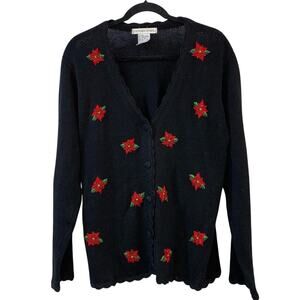 Victoria Jones V Neck Knit Button Down Poinsettia Sweater